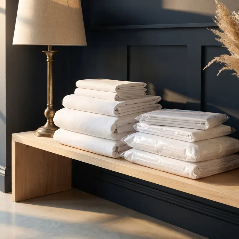 Laundered white bedding wrapped and stacked on the shelf