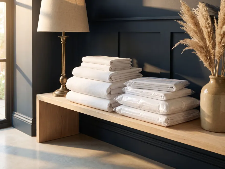 Freshly laundered white bedding wrapped and stacked on a shelf