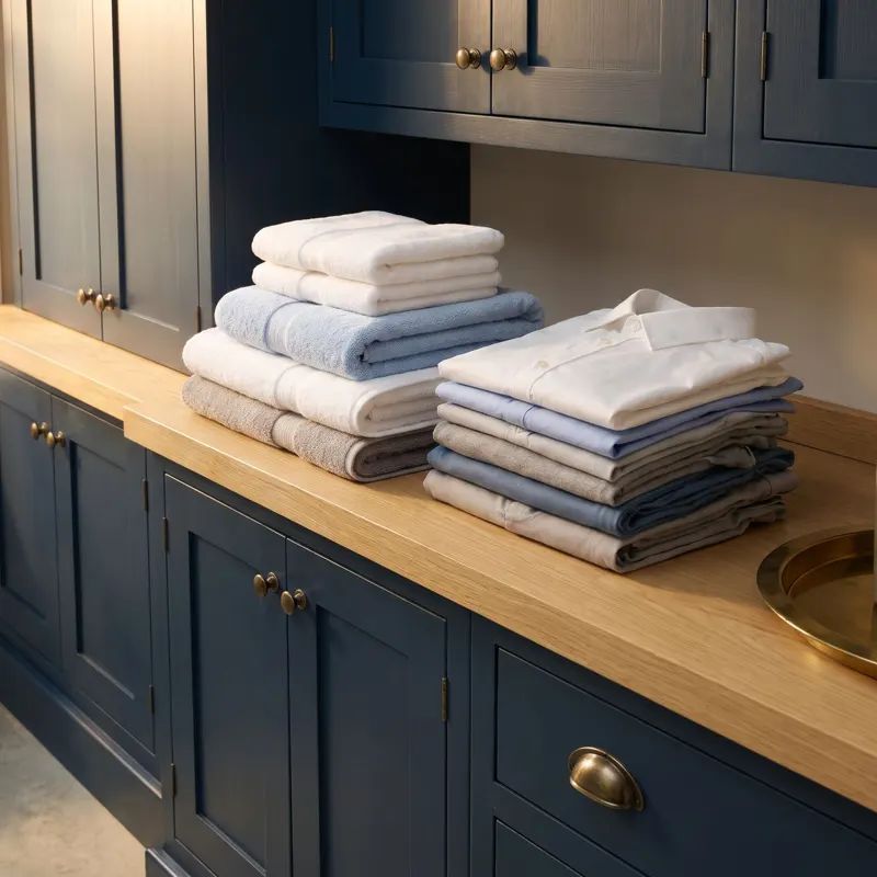 Folded laundry wrapped in stacks on the collection shelf
