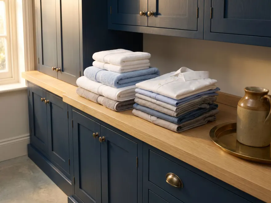 Neatly folded and wrapped laundry stacked on a shelf