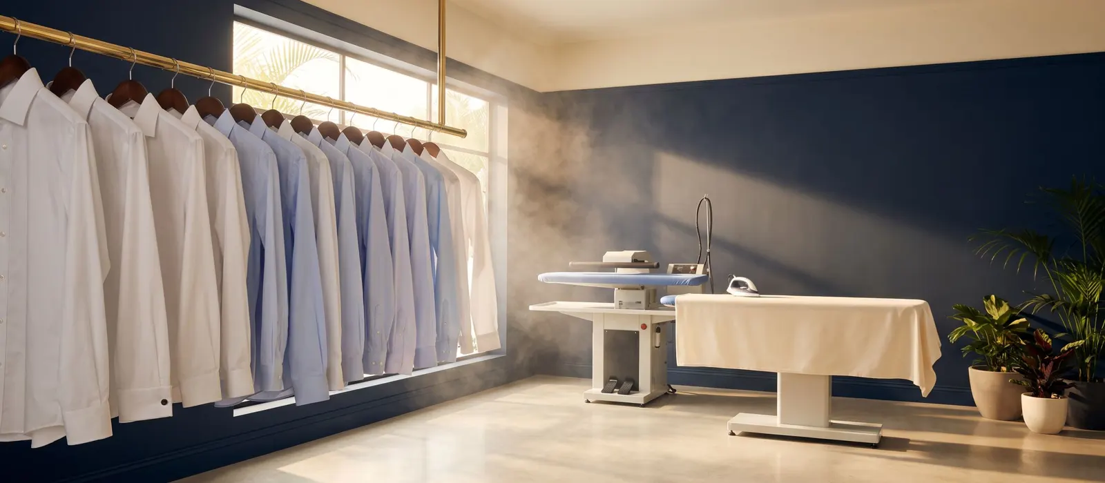 Freshly pressed shirts and garments hanging on a rail