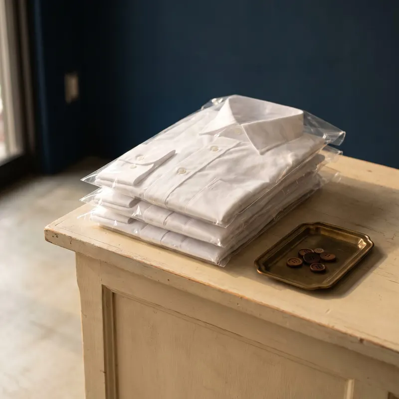 Finished shirts sealed and labelled, ready for collection