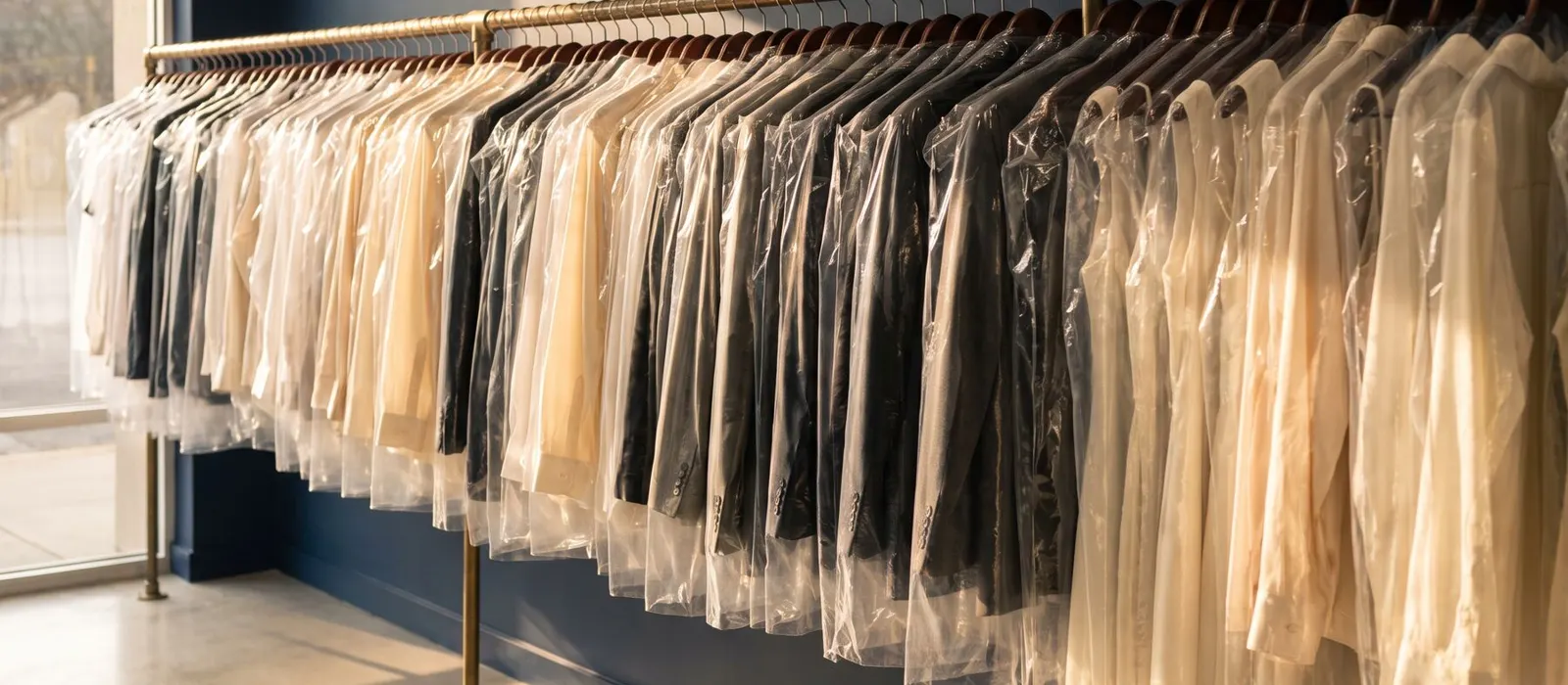 Cleaned garments hanging in protective covers