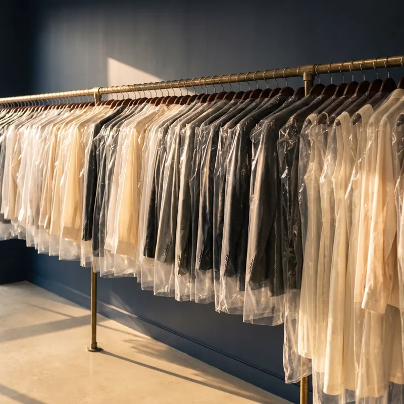 Dry-cleaned shirts in clear protective covers hanging on the rail