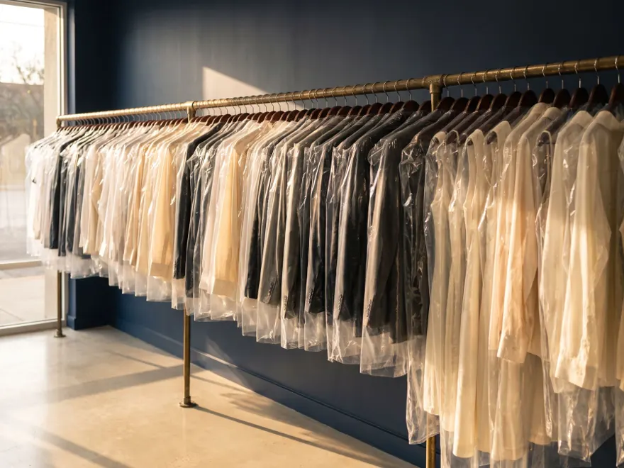 Dry-cleaned shirts hanging in clear protective covers on a rail