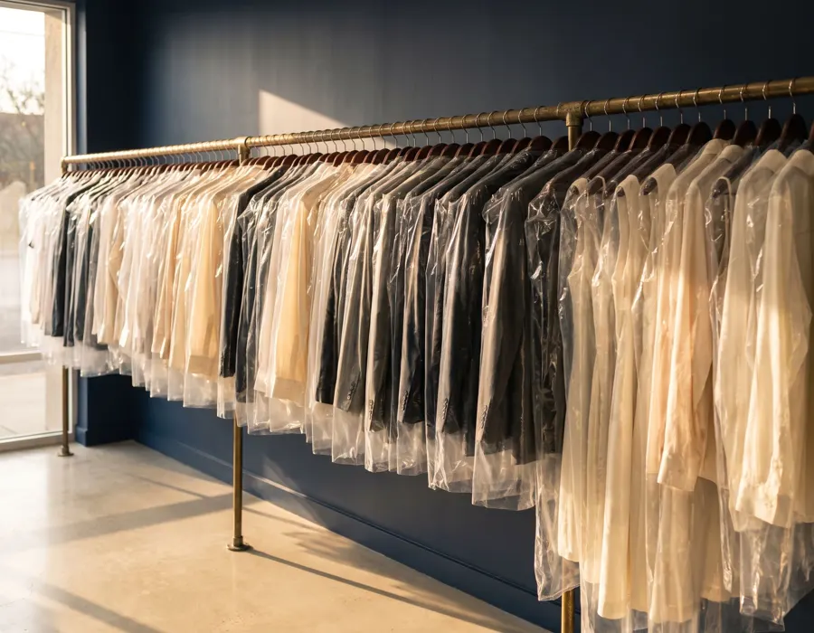 Dry-cleaned shirts hanging in clear protective covers on a rail