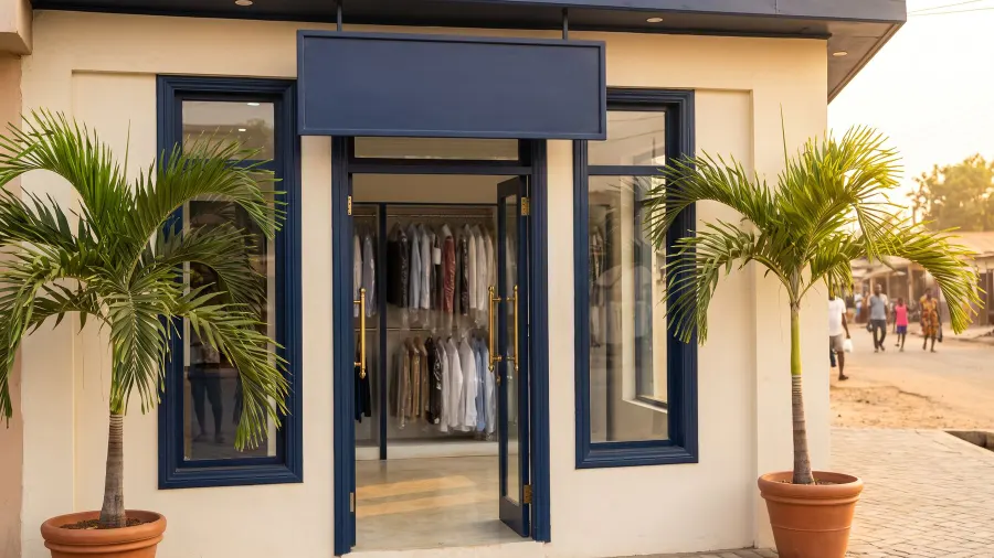 A laundry shopfront with cleaned garments hanging behind the glass