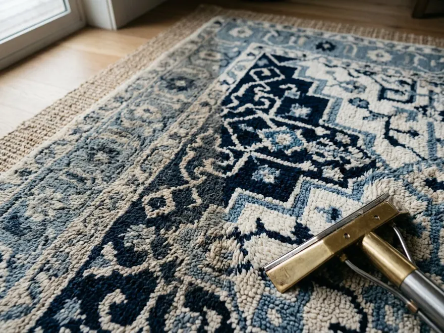 A patterned wool rug being deep-cleaned, showing restored colour and pile