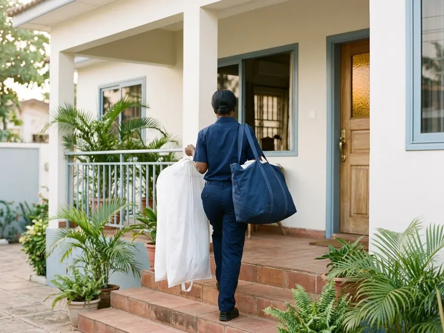 A Colemmanuel courier in navy uniform carrying clean garment bags up the steps of a house