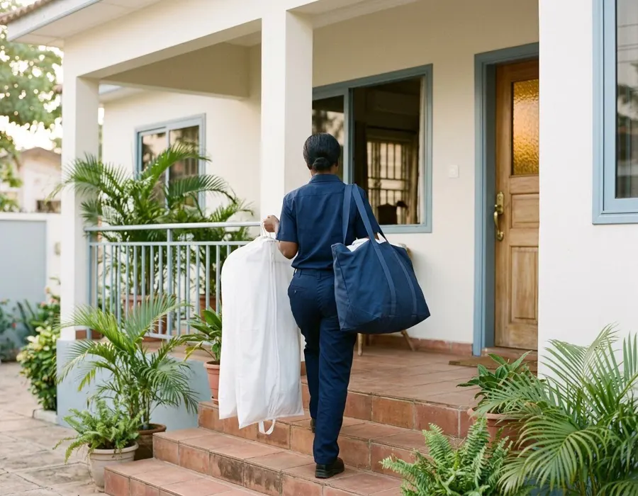 A Colemmanuel courier in navy uniform carrying clean garment bags up the steps of a house