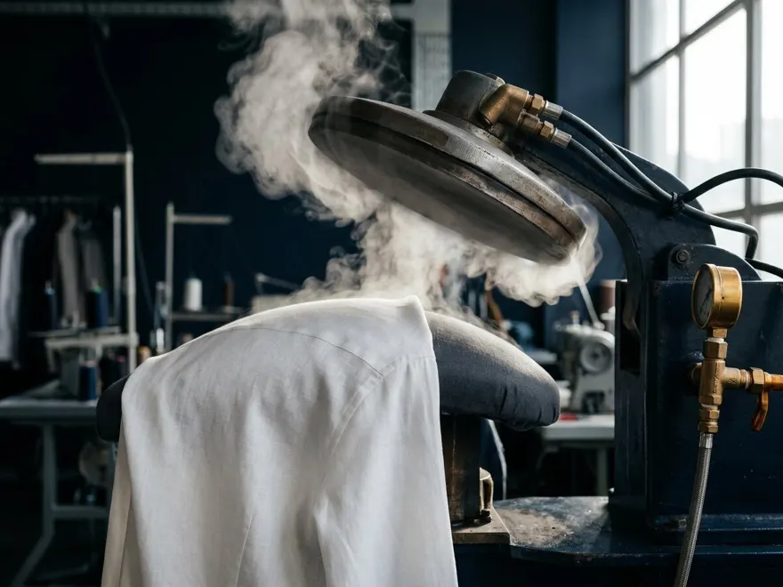 Industrial steam press releasing steam over the shoulder of a white shirt