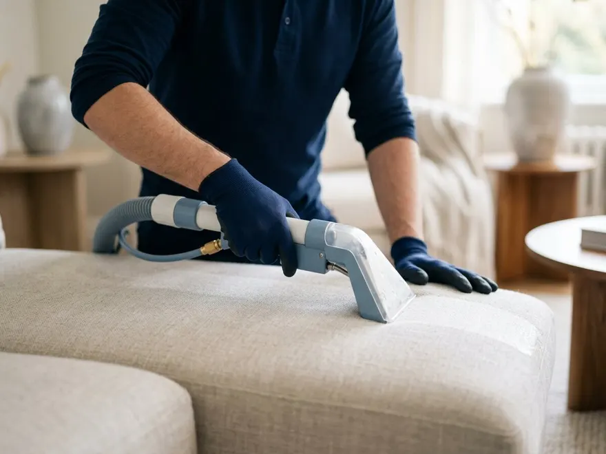 Technician deep-cleaning a pale linen sofa cushion with an upholstery extraction tool