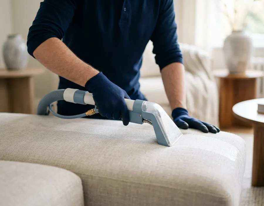 Technician deep-cleaning a pale linen sofa cushion with an upholstery extraction tool